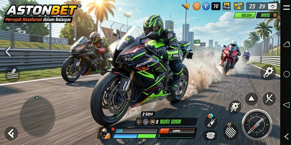 Tampilan gameplay seru dalam balapan motor ASTONBET.