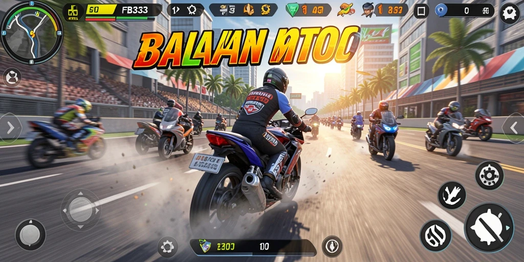 Screenshot gameplay FB333 menunjukkan balapan motor yang mendebarkan dan penuh aksi.