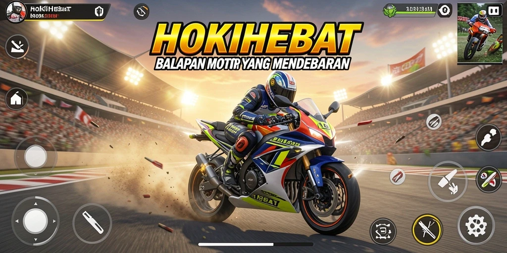 Screenshot HOKIHEBAT menampilkan balapan motor yang seru dan mendebarkan.