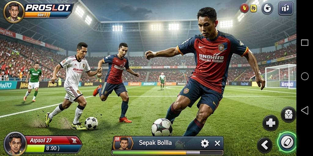 Tangkapan layar <strong>PROSLOT</strong> menunjukkan aksi seru di lapangan sepak bola.